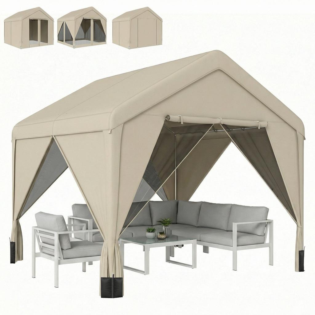 3 x 3 m Patio Gazebo with Netting & Curtains, Outdoor Canopy Shelter with Galvanised Steel Frame, Khaki