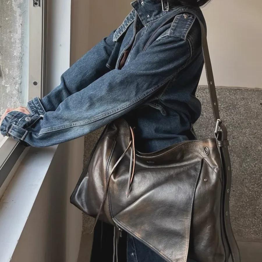 GROTTO Maillard Women's Large Capacity Genuine Leather Lapel Shoulder & Messenger Bag