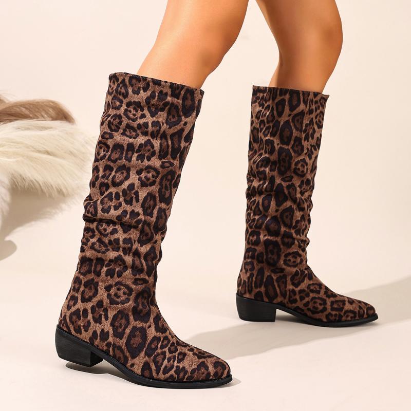 Sexy Leopard Suede Knee Boots Women 2025 Autumn Pointed Toe Medium Heel Slip On Long Boots Brand Design Soft Pleated Boots