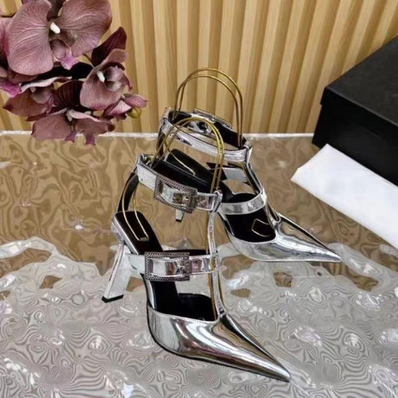 Fashion New Metal Decorative Belt Buckle Pointed Flat Heel High-heeled Shoes European American Fashion Spicy Girl Party Women Sandals