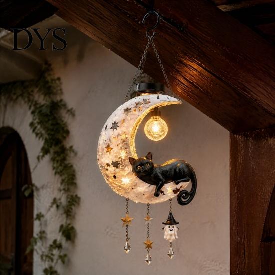 Waterproof Garden Decorative Lamps Solar Owl/Cat Moon Hanging Light, Outdoor Wind Chime with LED Yard Patio Porch Decor Resin Lamp, Auto On/Off