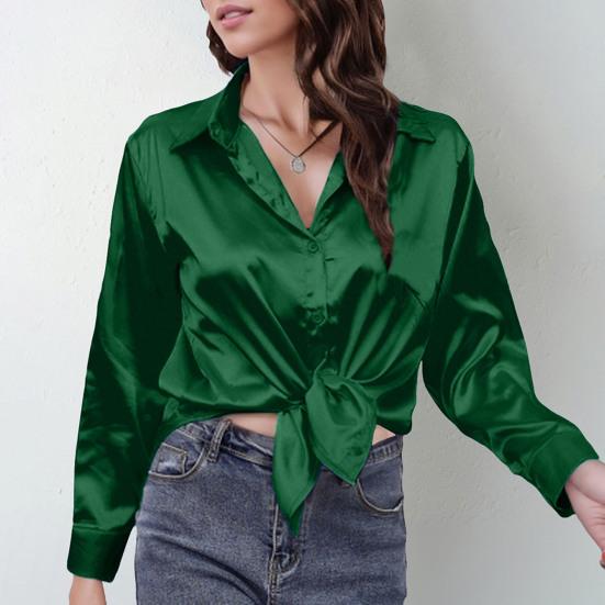Women Shirt Lapel Long Sleeve Smooth Satin Shirt Tops Solid Color Loose Fit Casual Shirt Office Lady Shirt Daily Wear