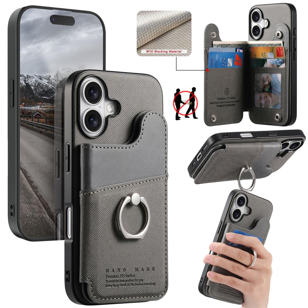 For iPhone 17 Case with Card Holder Kickstand Leather + TPU + PC Phone Cover