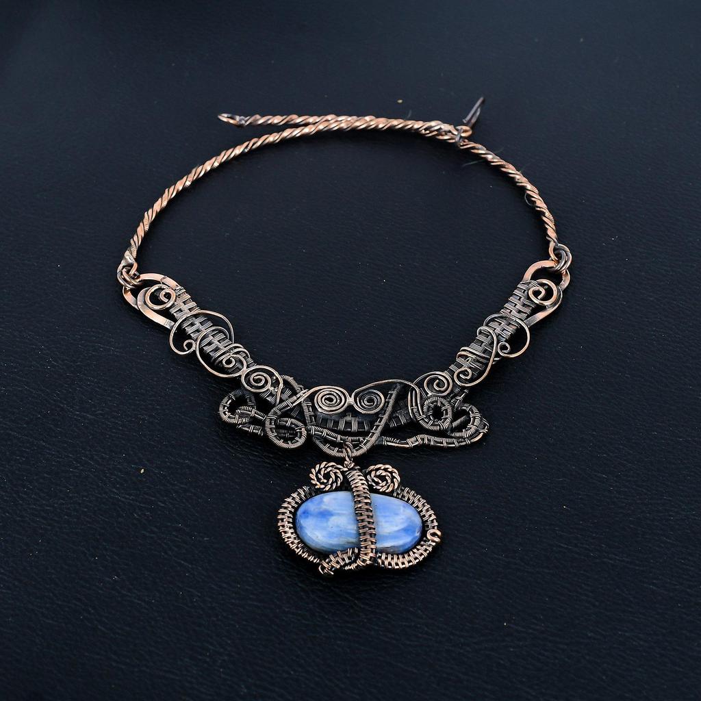 Kyanite, 999 Copper Wire Wrapped Necklace with Adjustable Chain, Handmade Gemstone Jewelry Necklace For Memorial Day