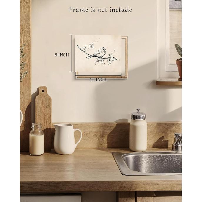 Vintage Bird on Tree Branch Sketch Wall Art Decor Minimalist Drawing Canvas Prints Wall Decor Neutral Line Art Farmhouse Style Wall Decor for Gallery