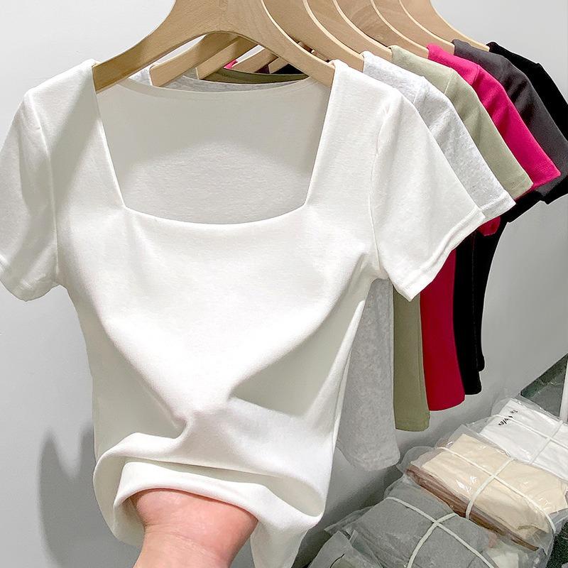 Square Neck Regular Shoulder Fitted Short Sleeve T Shirt Women Casual Inner Top