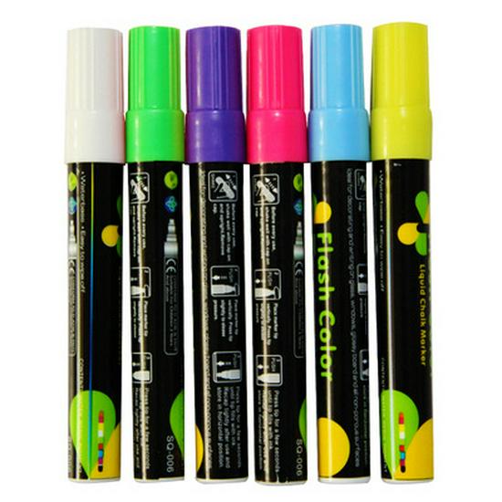 Fluorescent Erasable Pen for Glass and Whiteboards - Water-Based Liquid Chalk Marker 6MM Flat Head