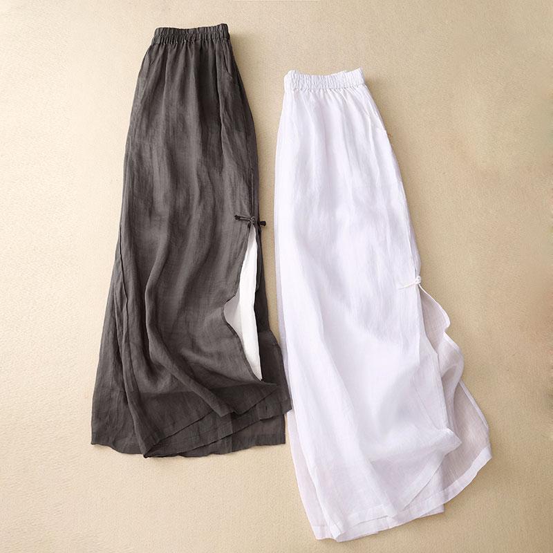 Gray Cotton Linen Casual Elastic High Waist with Lining Women's Pants Wide Leg Ankle-Length Pants for Women Clothing Fashion
