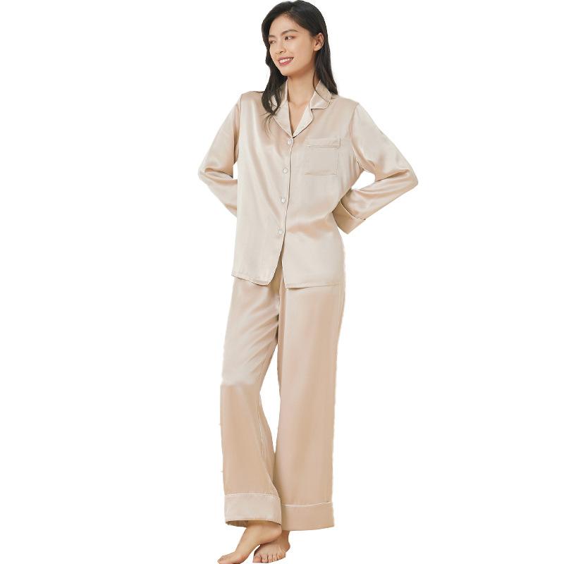 Spring And Summer High-End Women'S Pajamas Ice Silk Long-Sleeved Comfortable And Simple Loungewear Two-Piece Set