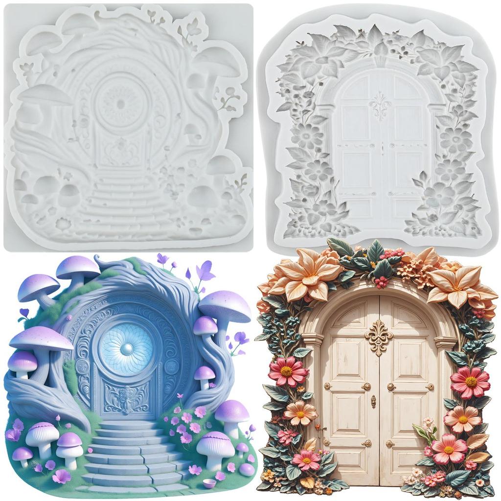 Fairy Garden House Silicone Mold Wooden Door Forest Gate Fondant Molds Cake Decorating Tools Theme Cake Dessert Decorated Chocolate Candy Mold