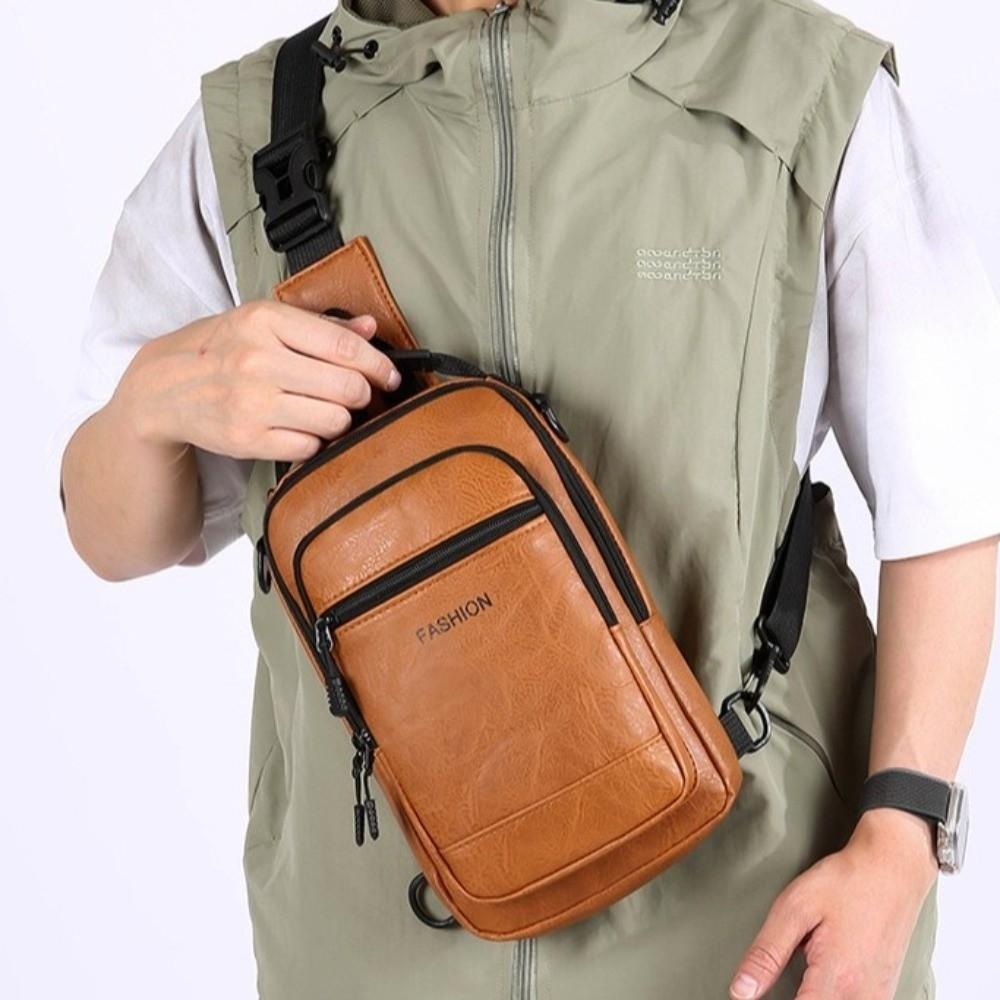 PU Leather Sling Shoulder Bag Solid Color Male Crossbody Bag Backpack Men's Chest Bag  Daily