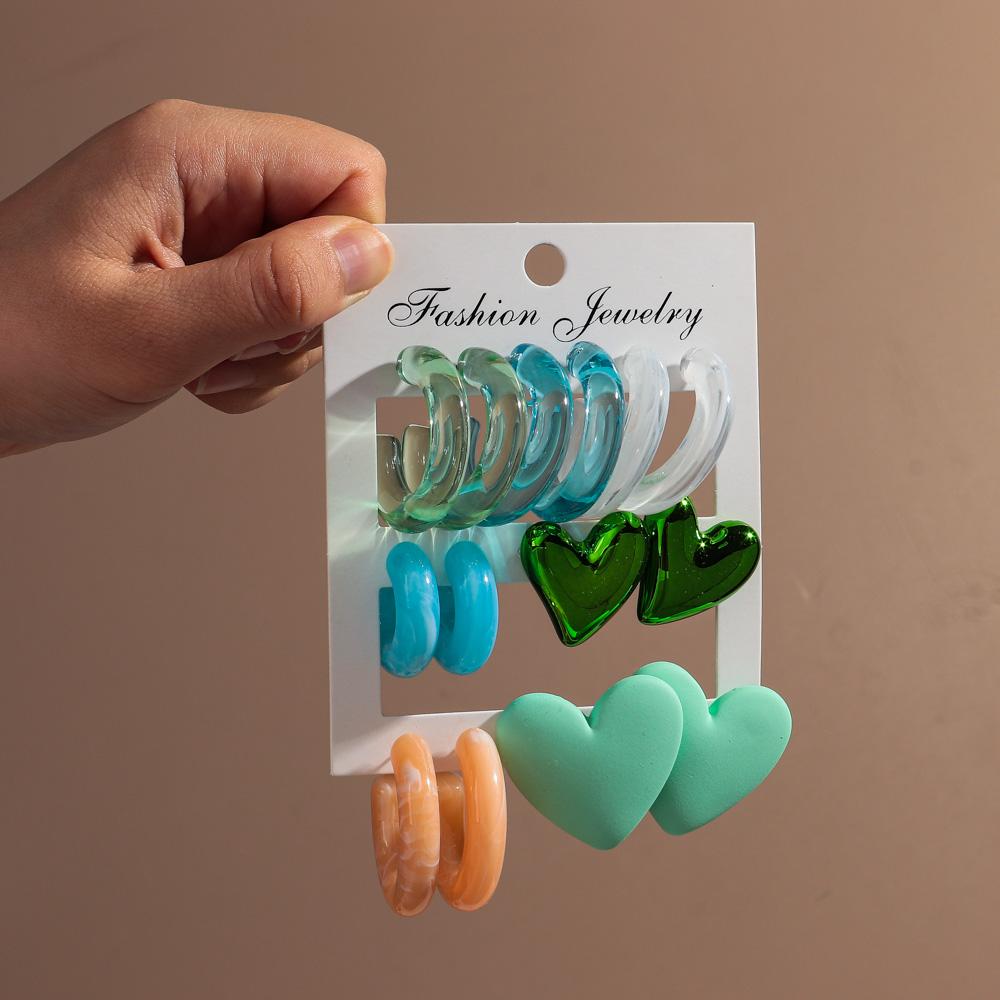 

Summer Fashion 7Pair Geometric Acrylic Earrings for Women Colorful Resin Circle Hoops Heart Ear Stud Jewelry Set Birthday Gifts зелёный