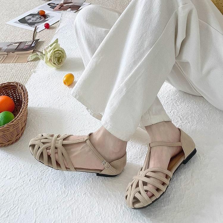 French summer new hollowed-out one-word strap Roman shoes flat-bottomed bag head sandals women's Mori women's niche design hollow