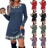 Abito Casual da Donna a Maniche Lunghe con Scollo Rotondo e Patchwork a Quadri