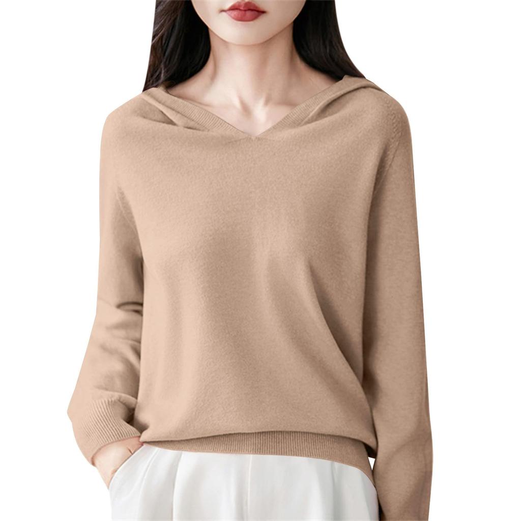 Women's Fashion Long-Sleeved -Colour V-Neck Hooded Knitted Sweater Warm Sweatshirt Knitwear