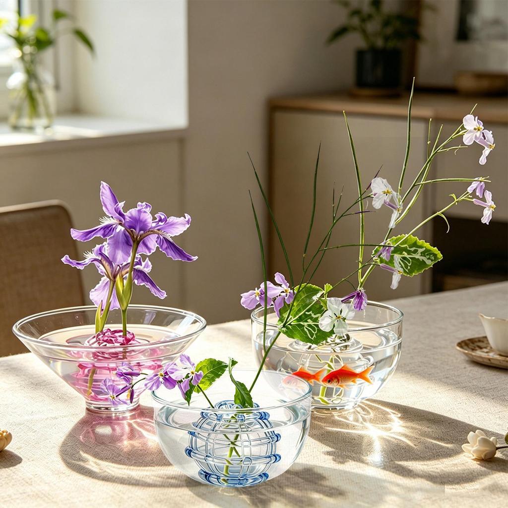 Glass Flower Frog Clear Glass Ball Single Stem Spiral Bouquet Display Vase Frog for Home Office Wedding Desk Bouquet Plants