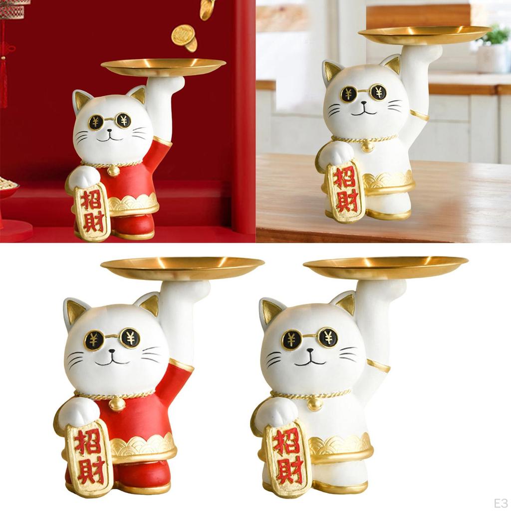 Resin Cat Statue Figurine Sculpture Jewelry Plate Storage Holder Desktop Serving Tray for Countertop
