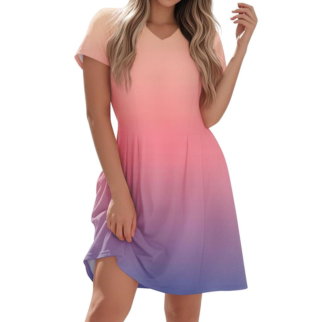 Women's Fashion Casual Short-sleeved V-neck Gradual Print Home Holiday Casual Dress