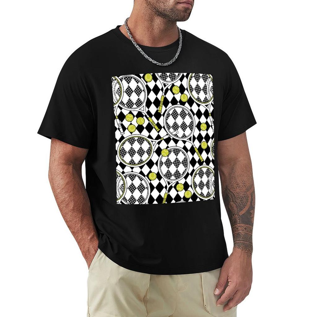 Tennis Racket with Balls On Checkered TShirt Oversize Tshirts Man Funny Tshirts T Shirts for Men Cotton