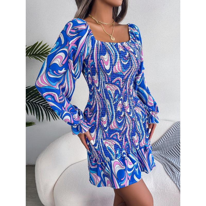Women's Autumn/winter Sexy Square Collar Print Long Sleeve Ruffled Hip Wrap Dress