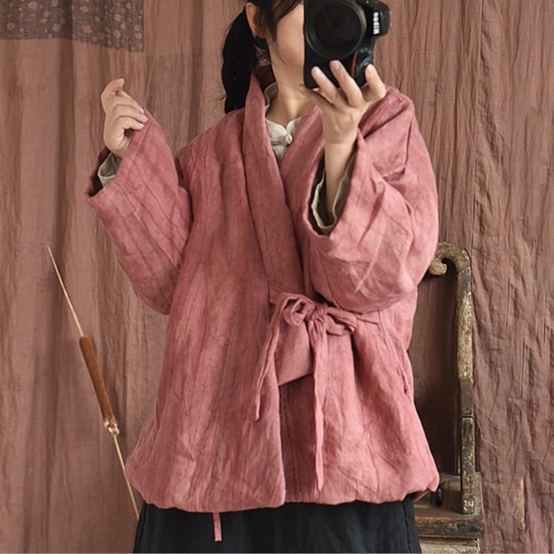 Johnature Parka chaude avec ceinture de Style chinois pour femme, manteaux à manches longues et col en v, en lin, Vintage, couleur unie, automne