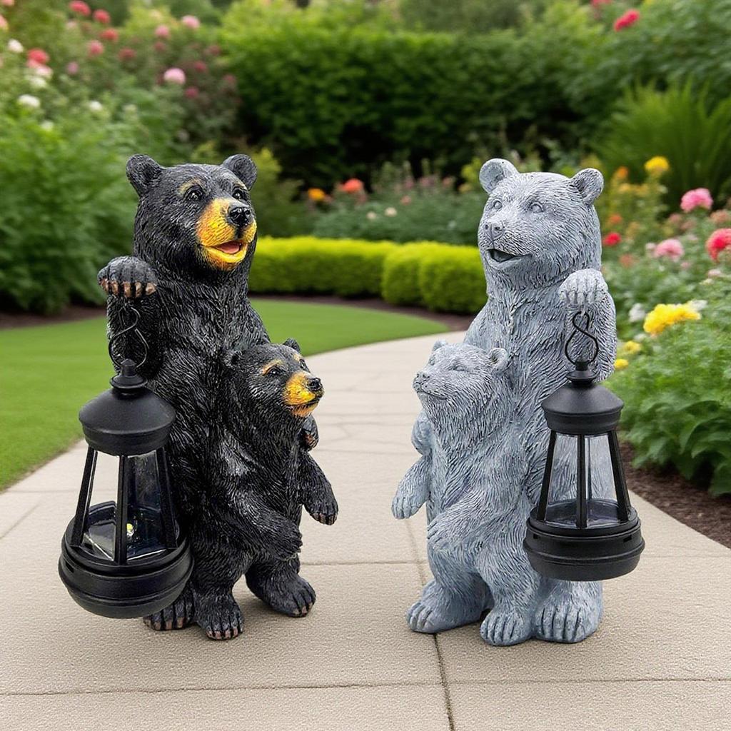 Animal Ornaments, Gardens, Courtyards, Outdoor Solar Resin Craft Decorations, Black Bear Sculptures, Garden Ornaments
