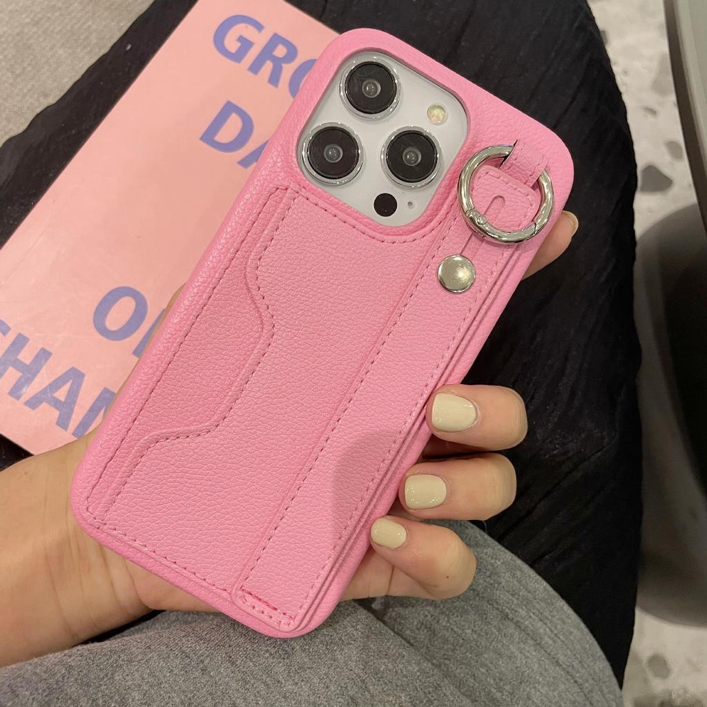 Lychee Pattern Card Bag Is Suitable for Apple 14promax Mobile Phone Case Iphone13 Anti-drop 12 Wristband Bracket 11/8p.