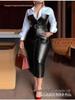 European-American Style Patchwork PU Leather Belt Long Sleeve Women's Dress