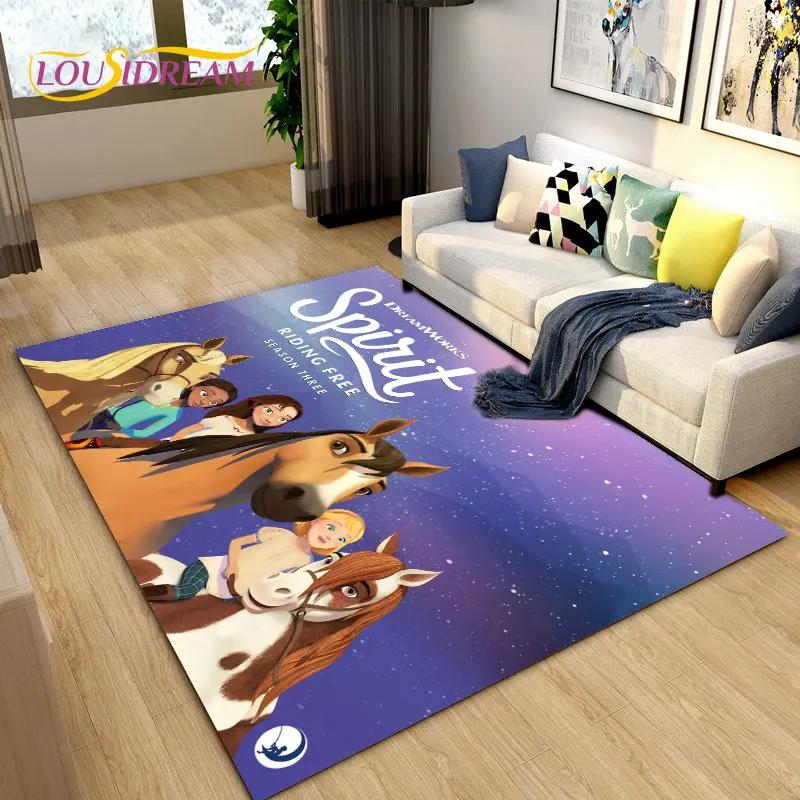 Cartoon Spirit Riding Free Horses Area Rug,Carpet Rug for Living Room Bedroom Sofa Doormat Decoration, Kids Non-slip Floor Mat