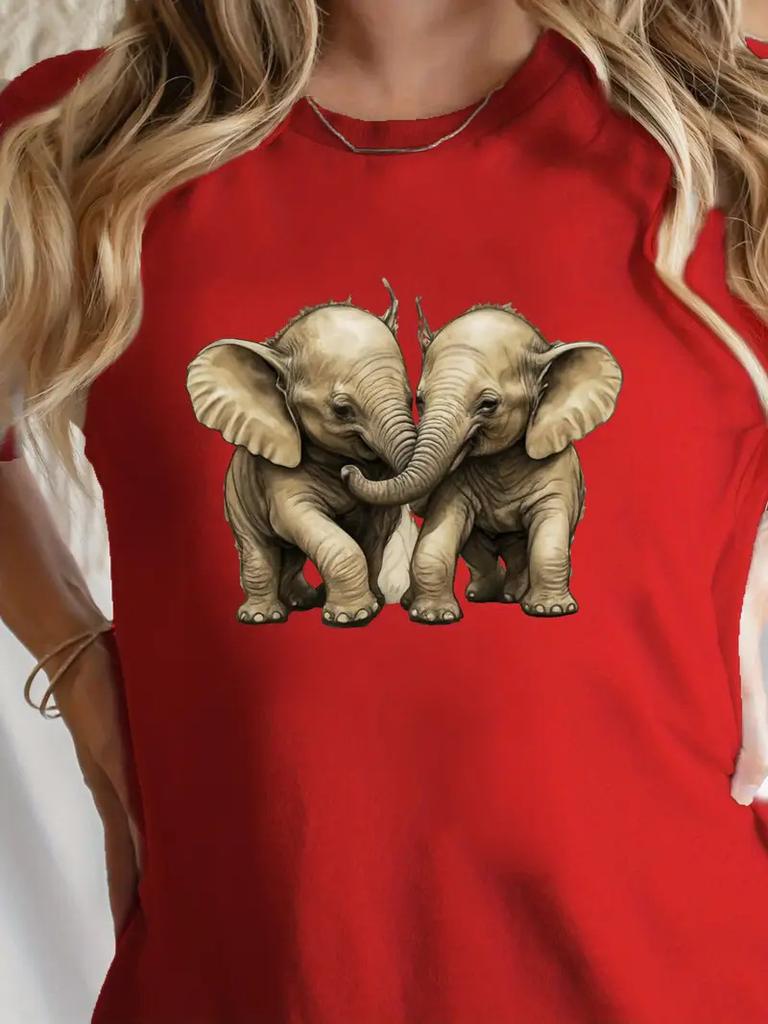 Cotton Vintage Two Hugging Elephants Print Tshirt For Women Casual Round Neck Short Sleeve Wildlife Animal Lover Streetwea