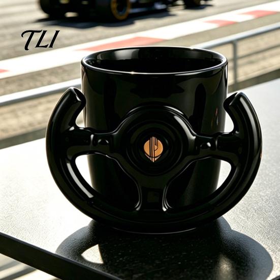 Auto-Themen Bürobedarf Lustige Lenkrad-Kaffeetasse, Keramik-Rennbecher, 400 ml Kreativer Fan-Becher Glänzend Schwarz Trinkgeschirr für Schreibtisch und Gaming-Zimmer