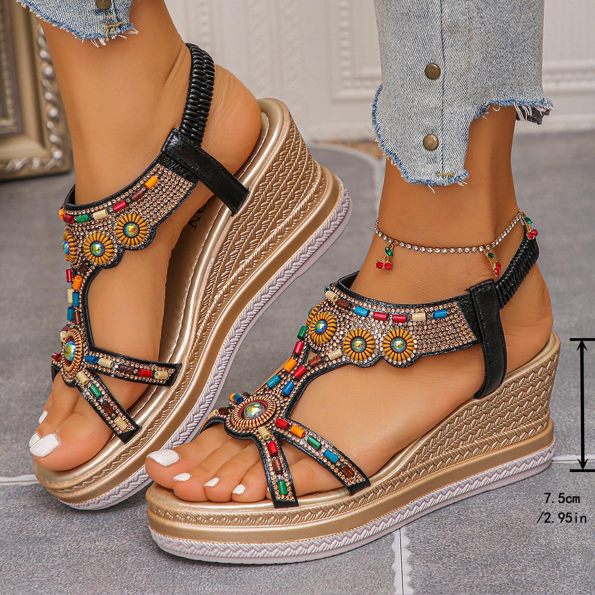 

Fashion Women s Colorful Beaded Bohemian Wedge Sandals Thick Sole Non Slip Summer Beach Shoes Woman Retro Flower Chunky Platform Sandals 43