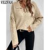 Women's Fashion Casual Fall Winter Solid Color Print Long Sleeve POLO Neck Sweaters