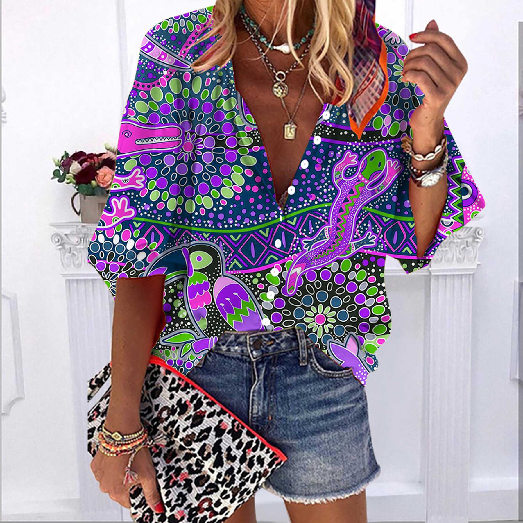 

2023 Лето-Осень Новые модные женские топы Розовые гекконы с принтом до половины рукава Повседневная рубашка больших размеров на пуговицах с объемными рукавами 5XL фиолетовый