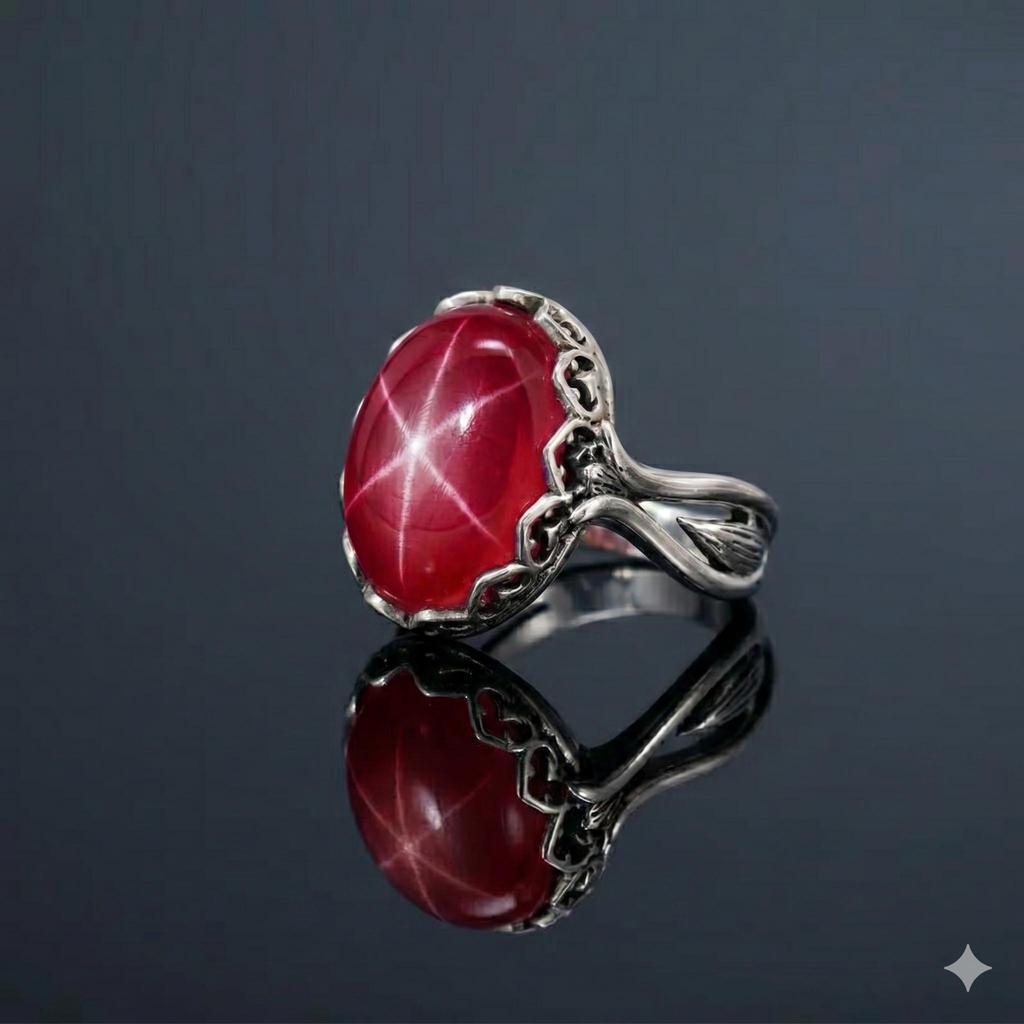 Red Star Ruby Ring, 925 Sterling Silver, Unique Designer Ring, Flash Light Star Ruby, Oval-Shaped Gemstone, 6 Ray Star Ruby Jewelry
