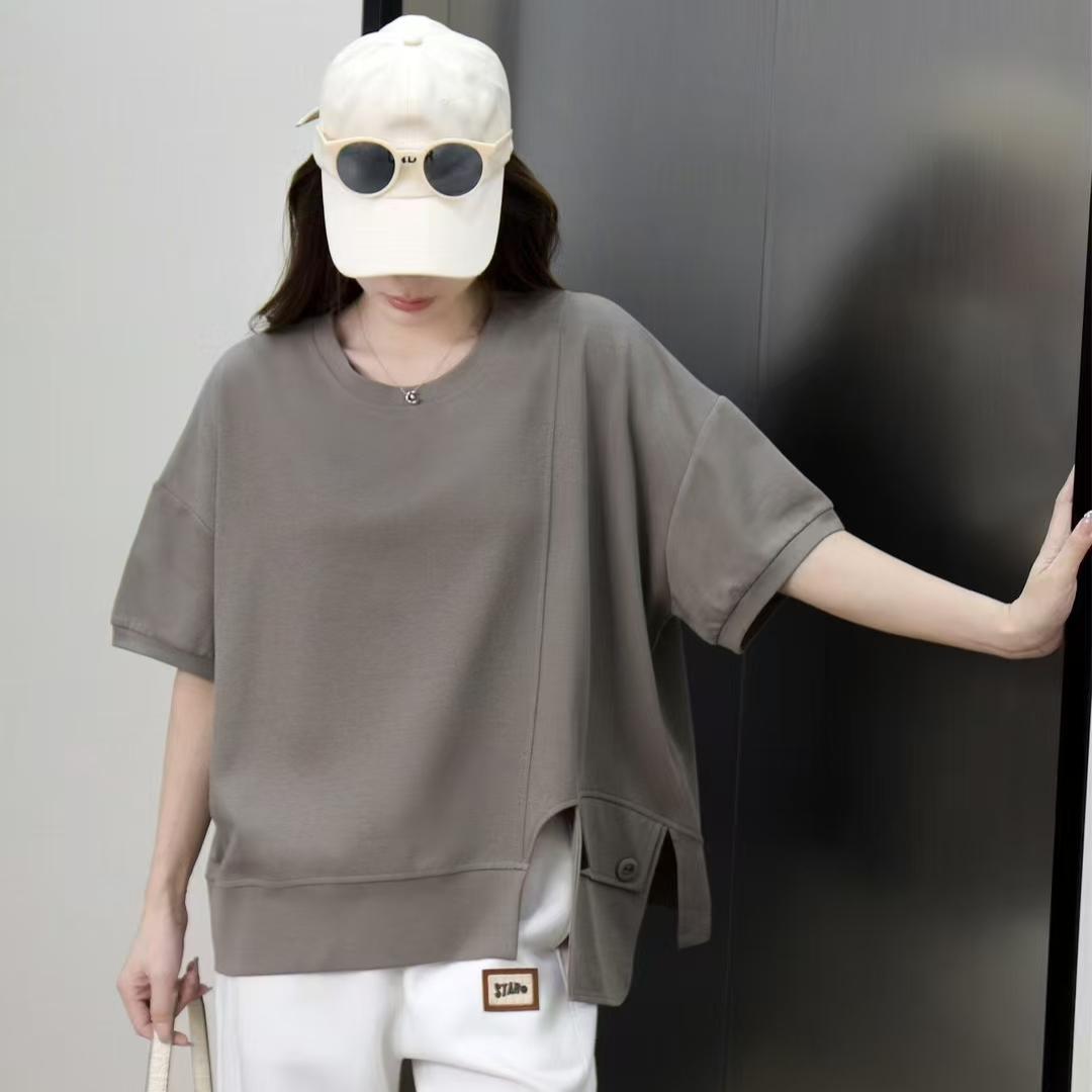 

DIMANAF 2025 Літня однотонна біла футболка з рукавами-крильцями великого розміру для жінок, з короткими рукавами, кишенями, ґудзиками, вільні топи, футболки One Size