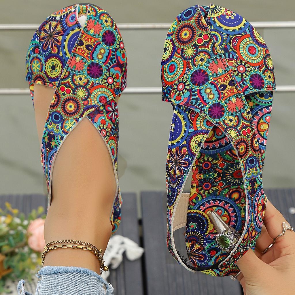 Fashion 2025 Summer New Flat Printed Toe Ring Roman Style Slides Women Cross-border Plus Size Ethnic Sandals Style Cool Slippers Women
