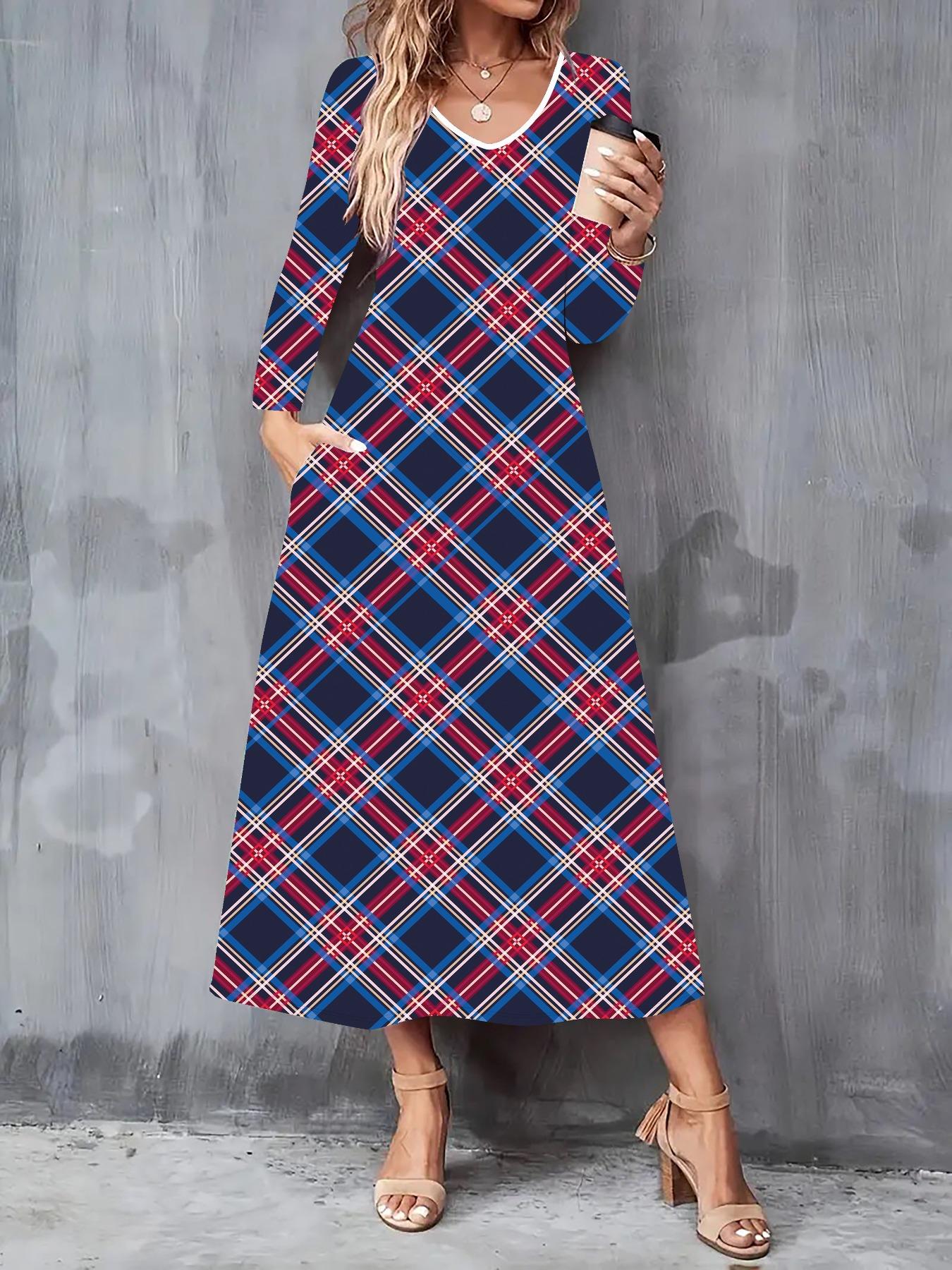 

2025 Осень и Зима Новое Женское Повседневное Модное Платье 3D Клетчатый Принт Длинный Рукав V-образный Вырез А-силуэт Платья XXL синий