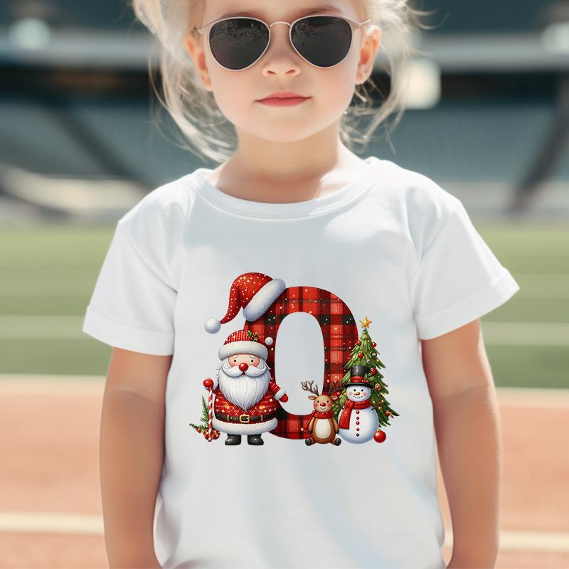 Personalized Kids Christmas T-shirt with A-Z Alphabet Print, Santa Hat Design for Boys & Girls