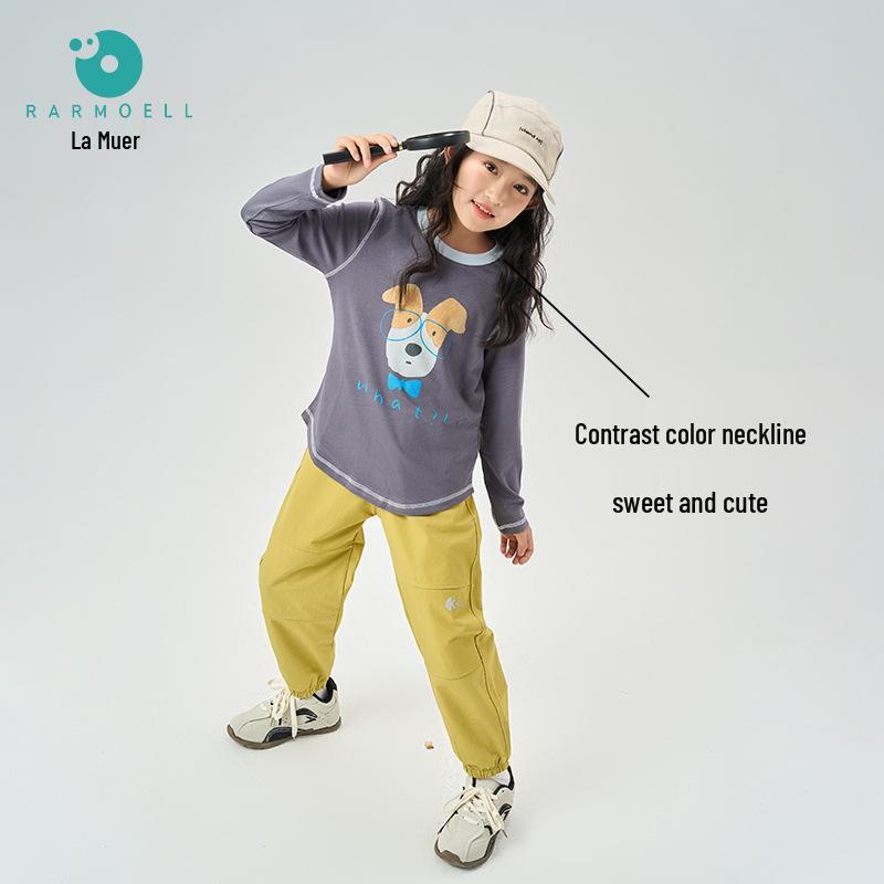 Autumn Kids' Color Block Cartoon Linen T-Shirt - Boys & Girls Long Sleeve Crew Neck