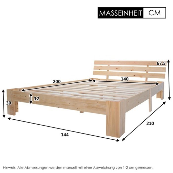 Lit double - MUVOE - 200 x 140 cm - Bois massif - Tête de lit - Design compact