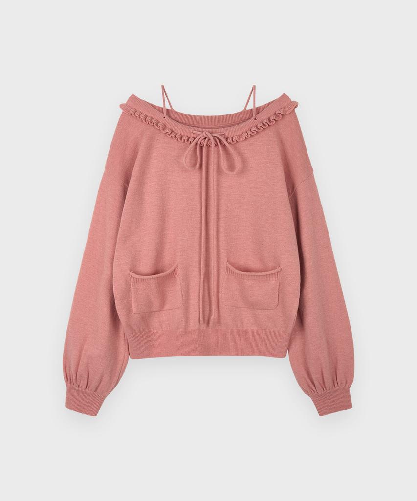 SINOON Ruffle Lace-Up Boatneck Knit (Dusty Pink)