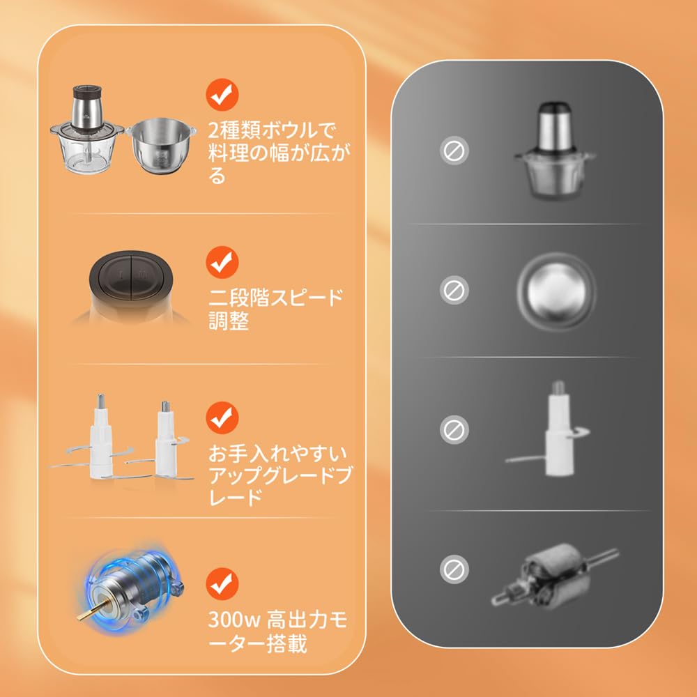 Bear Food 2L Large Capacity 300W Electric Mixer Glass and 304 Stainless Steel for Mincing Baby and PSE Certified Processor, (2 Bowls), Multi-Speed,