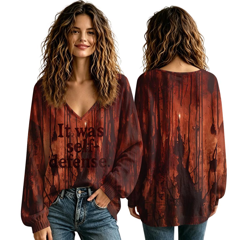 Women's V-Neck Halloween Shirt for Fall, Seasonal Top for Ladies