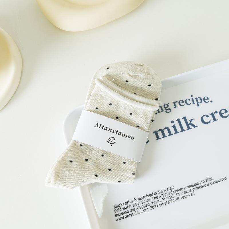 5 Pairs of Female Summer Thin Student Curled Brim Polka Dot Mid Tube Pile Socks