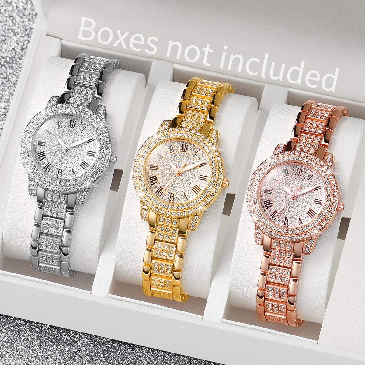 

3 шт. Женские часы Модные часы с полными стразами Кварцевые часы Ремешок из нержавеющей стали Наручные часы