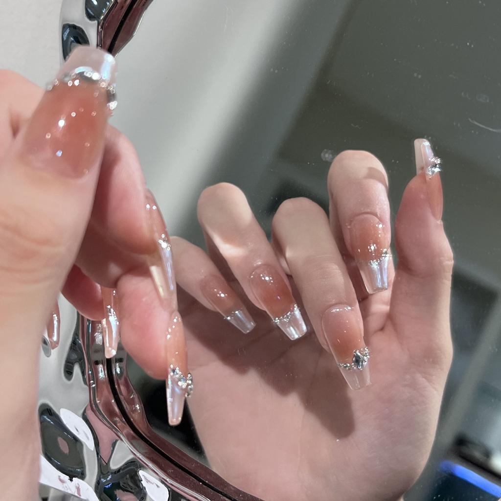 Wearable Handmade Magic Mirror French Flashing Diamond Blush Nail Art Removable Fake Nail Plate