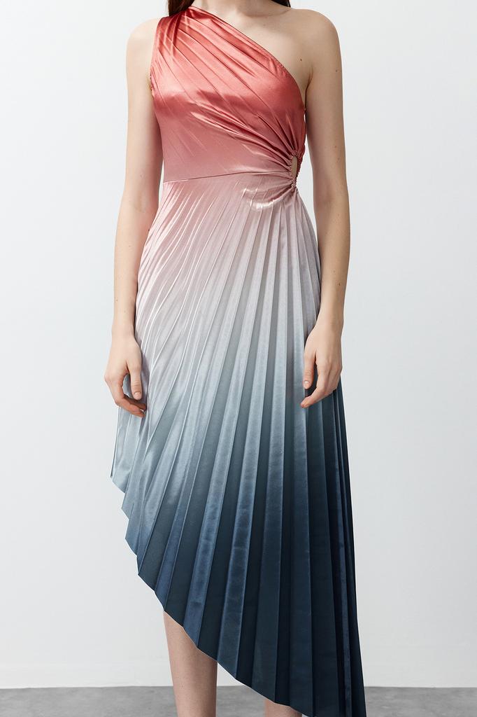 Women's Dress New Season Fashion Multicolored Asymmetrical Knitted Pleat Detailed Satin Stylish Evening Dress