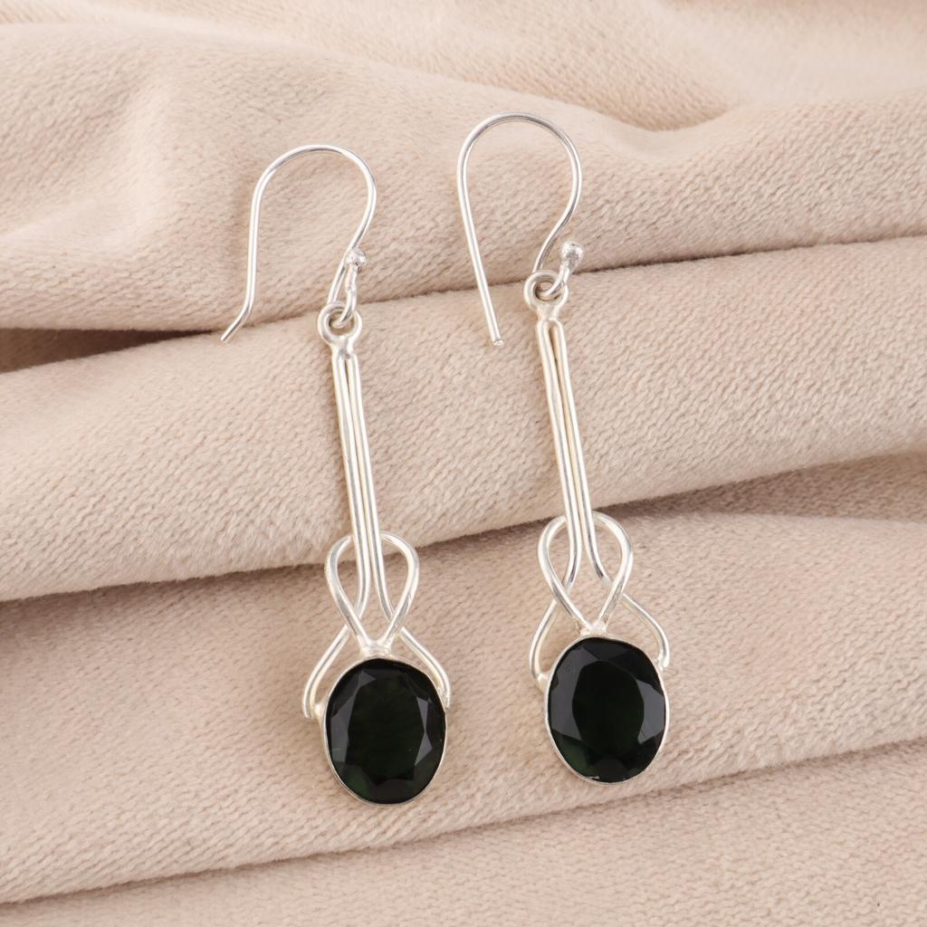 Green Tourmaline Gemstone 925 Sterling Silver Jewelry Handcrafted Earrings 1.76" EE-171-15