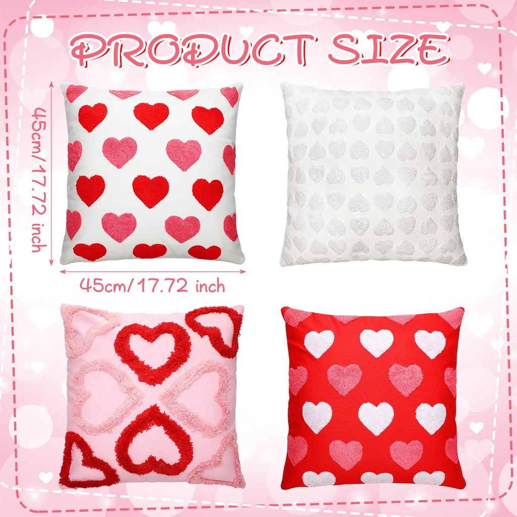 4 Pcs Valentine's Day Throw Pillow Covers 18x18 Inch Red Pink Heart Pillow Cases Soft Heart Shape Embroidery Cushion Covers for Valentine's Day Couch